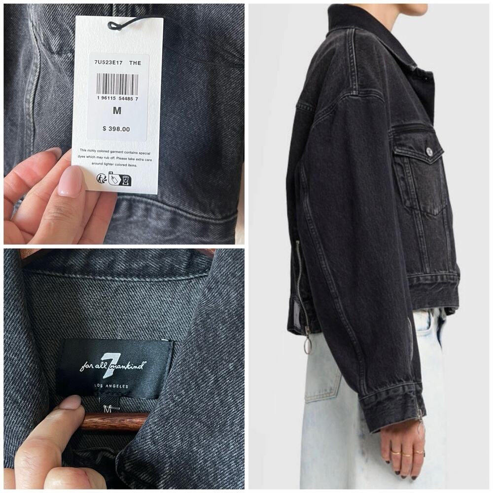 7 For All Mankind M Cropped Black Denim Jacket Zip Detail Luxury $398 - Picture 7 of 11